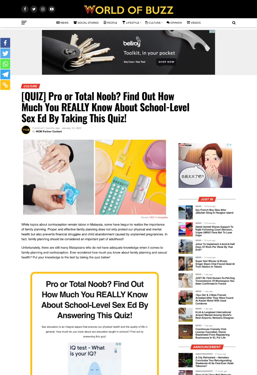World of Buzz partner quiz on school-level sex education, produced for Bayer.
