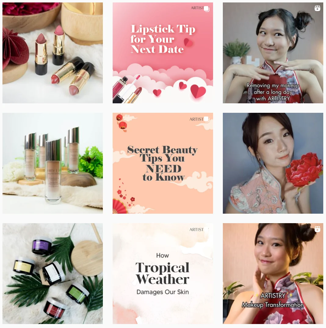 Nine posts from Artistry's Instagram grid: product flat-lays, beauty-tip cards and creator reels.