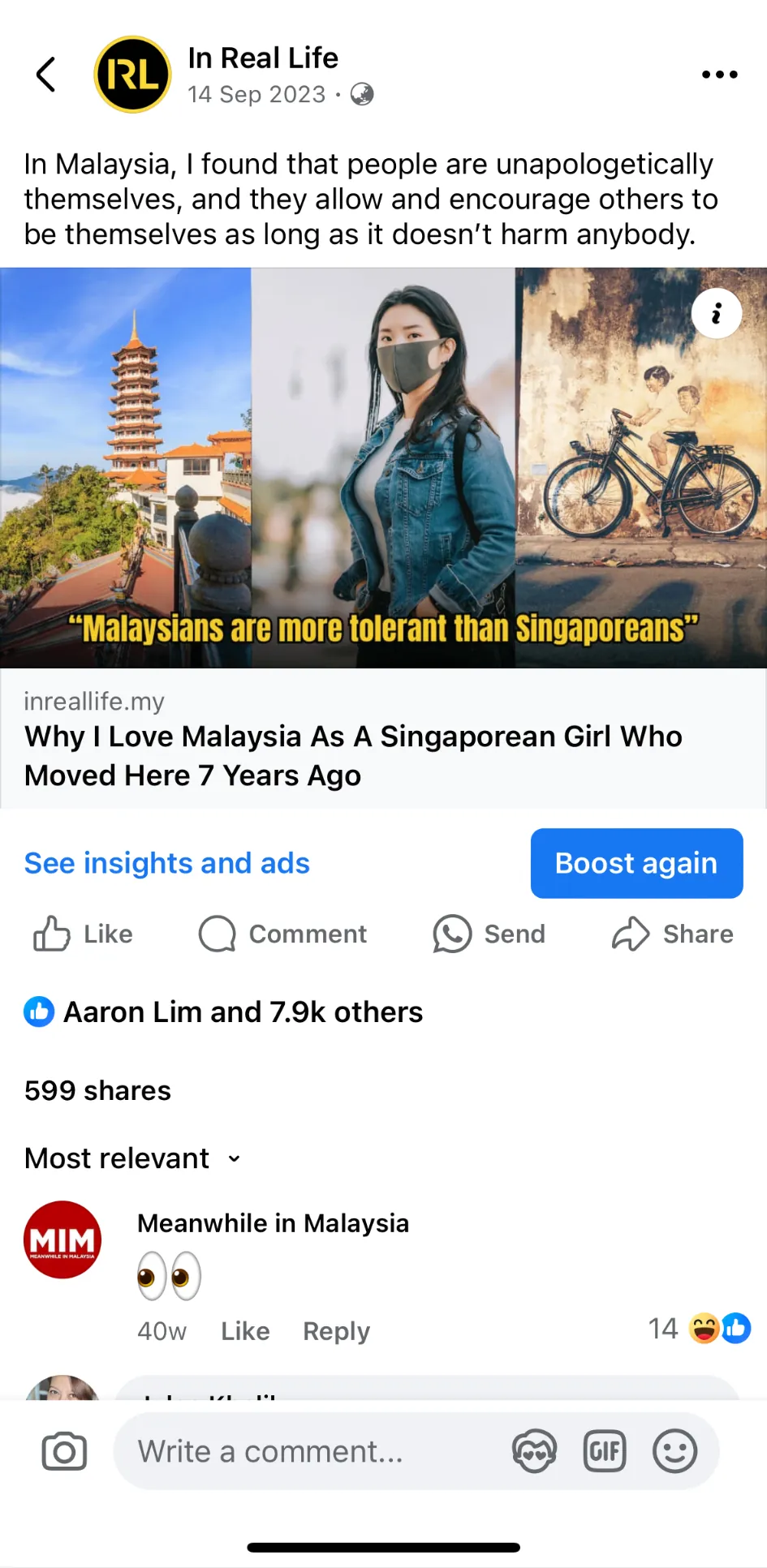 Facebook post from In Real Life linking an inreallife.my article, Why I Love Malaysia As A Singaporean Girl Who Moved Here 7 Years Ago — 7.9k reactions, 599 shares