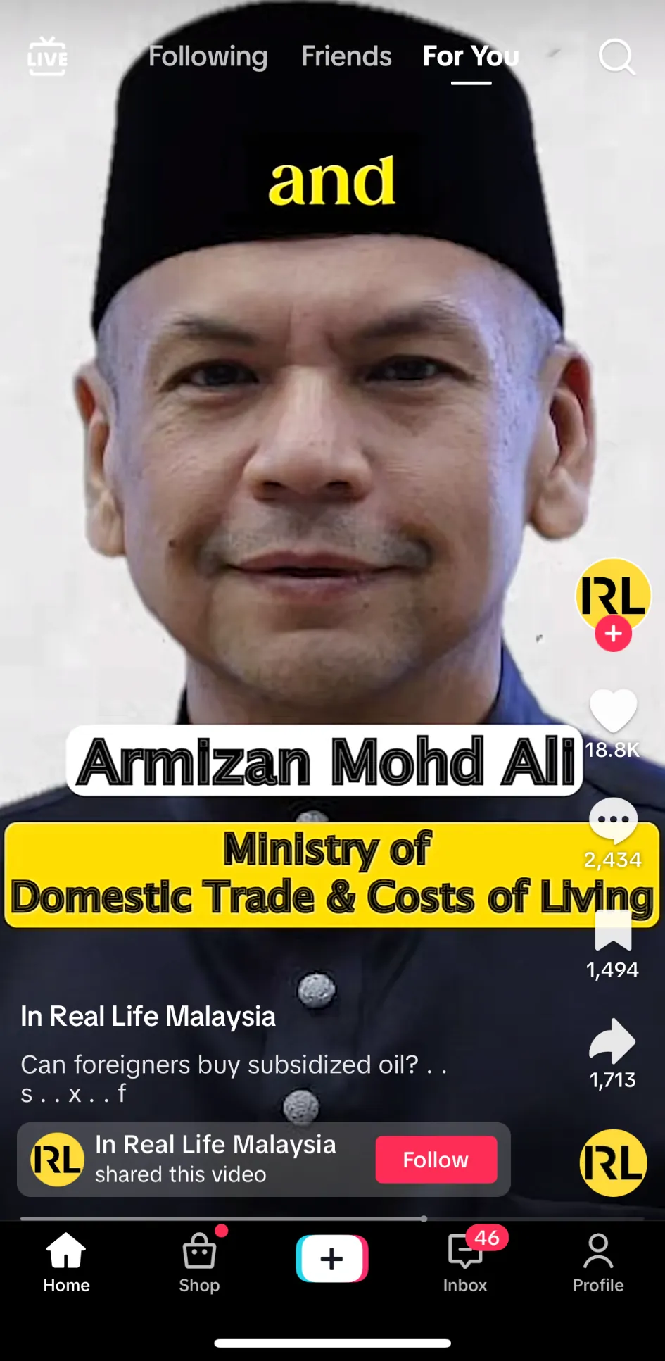 TikTok from In Real Life Malaysia interviewing Armizan Mohd Ali of the Ministry of Domestic Trade and Costs of Living, 18.8K likes