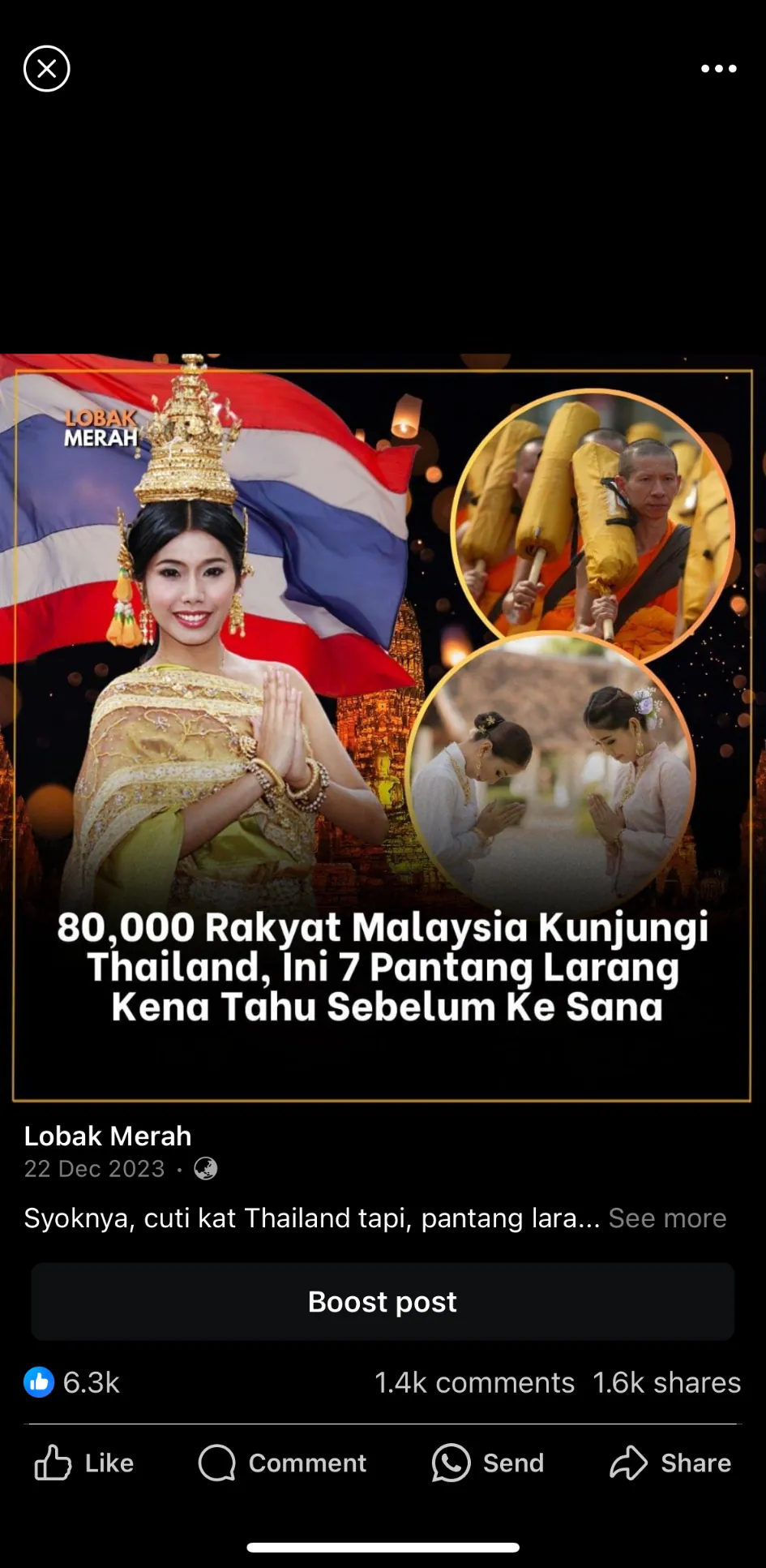 Facebook post from Lobak Merah headlined that 80,000 Malaysians visit Thailand and listing seven taboos to know before going — 6.3k reactions, 1.4k comments, 1.6k shares