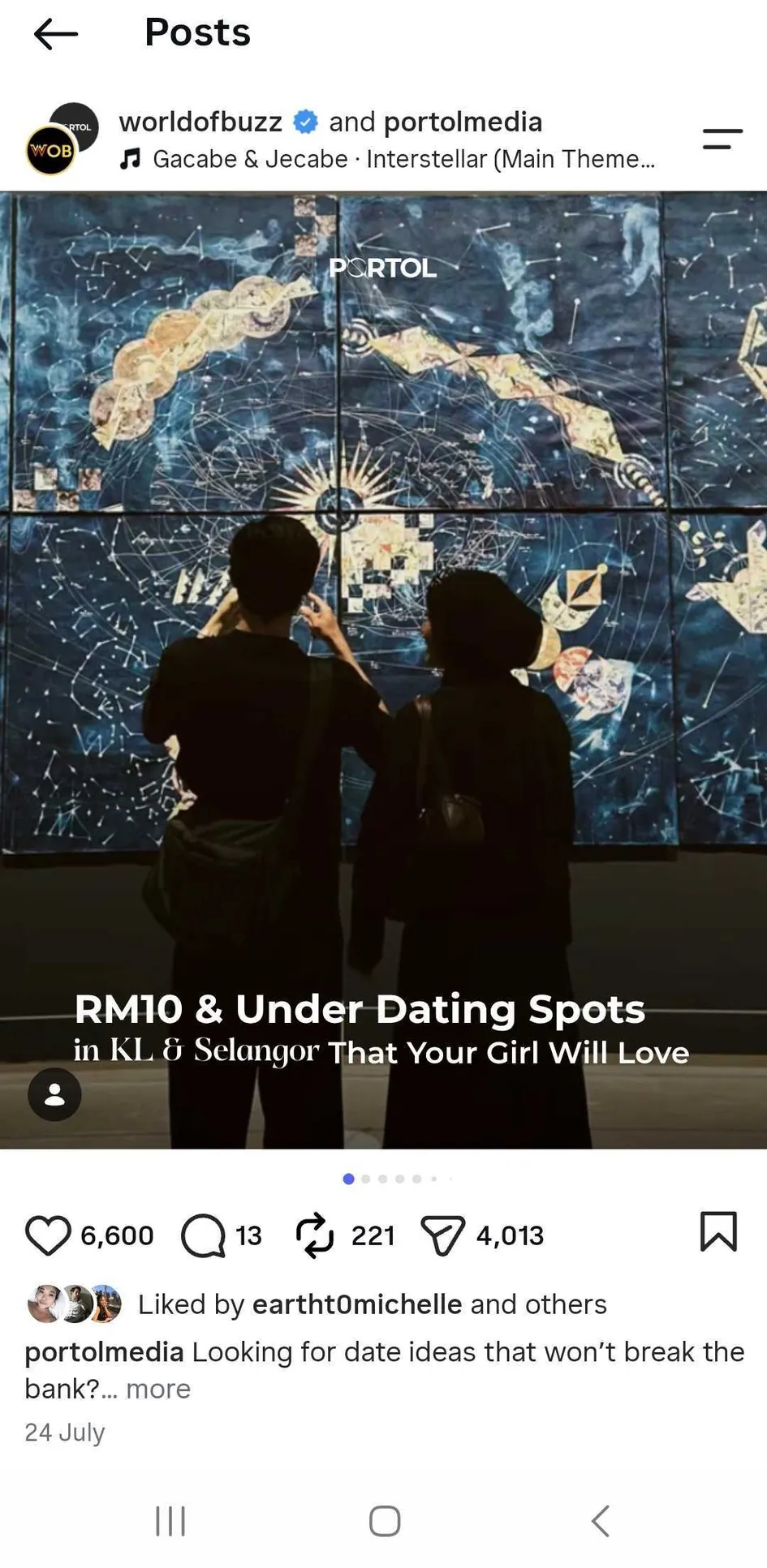 Instagram post shared by worldofbuzz and portolmedia headlined RM10 & Under Dating Spots in KL & Selangor That Your Girl Will Love, over a photograph of two visitors at a star-map art installation — 6,600 likes