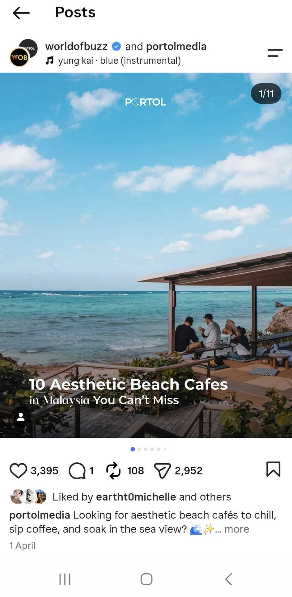 Instagram post shared by worldofbuzz and portolmedia headlined 10 Aesthetic Beach Cafes in Malaysia You Can&rsquo;t Miss, over a photograph of people seated at a timber beach cafe above turquoise water &mdash; 3,395 likes