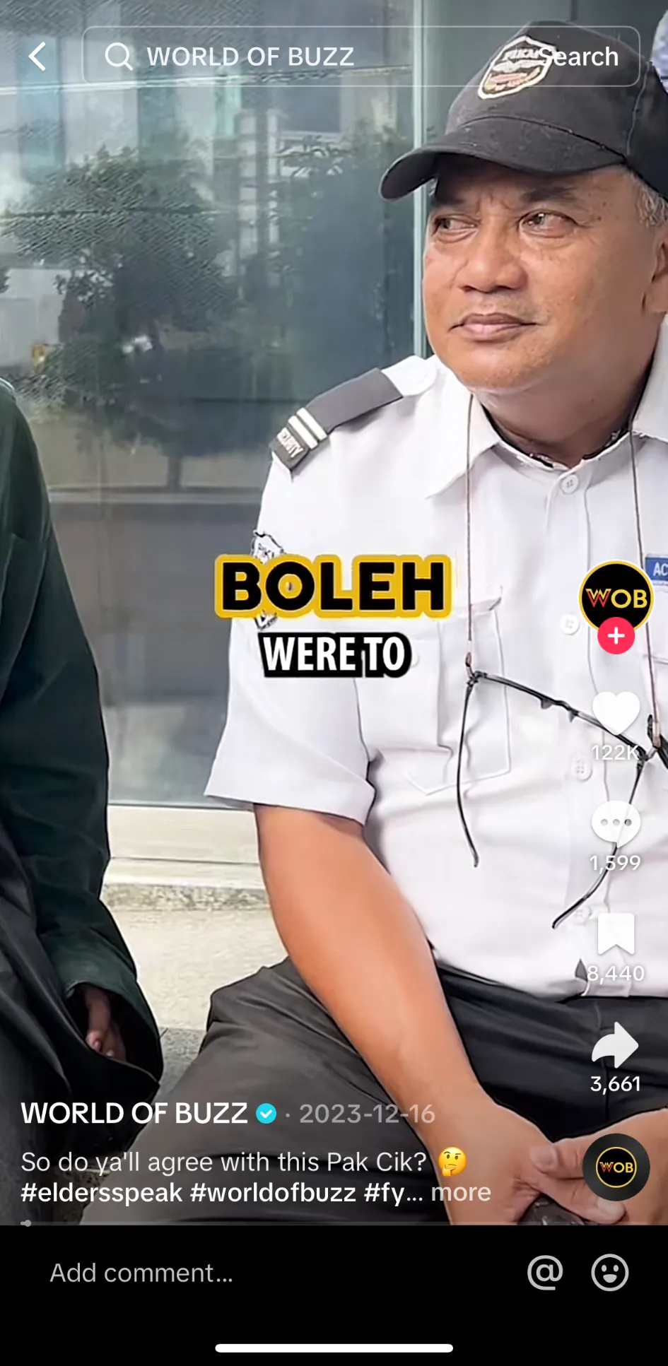 TikTok street interview from World of Buzz with a security guard answering a question in Malay, 122K likes