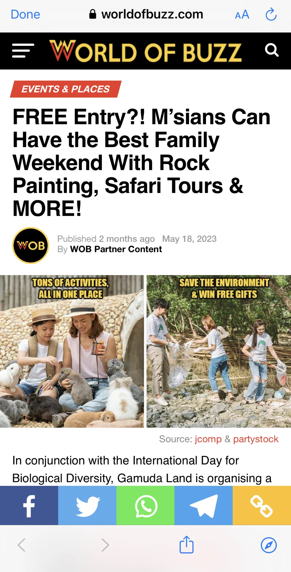 A World of Buzz partner-content article for Gamuda Land, open on a phone.