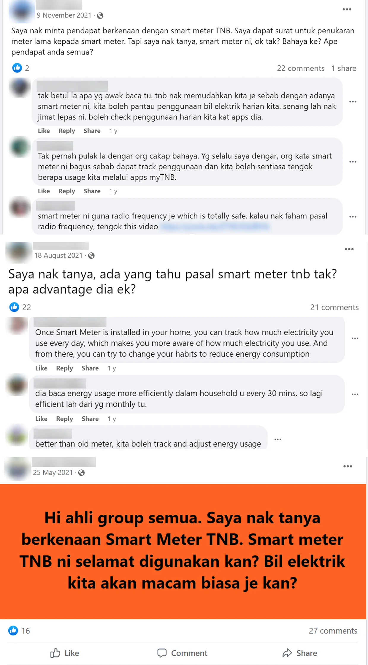 Seeded conversation for a TNB Smart Meter campaign: three Facebook posts stacked full width down one card — one asking whether the smart meter is safe, at 22 comments, with three replies under it explaining that it lets you track your daily electricity use and pointing at a video about radio frequency; one asking what its advantages are, at 21 comments, with three replies under it saying the same; and a group post on an orange background asking whether it is safe and whether the bill stays the same, at 27 comments, with its like row and its like, comment and share row under it.